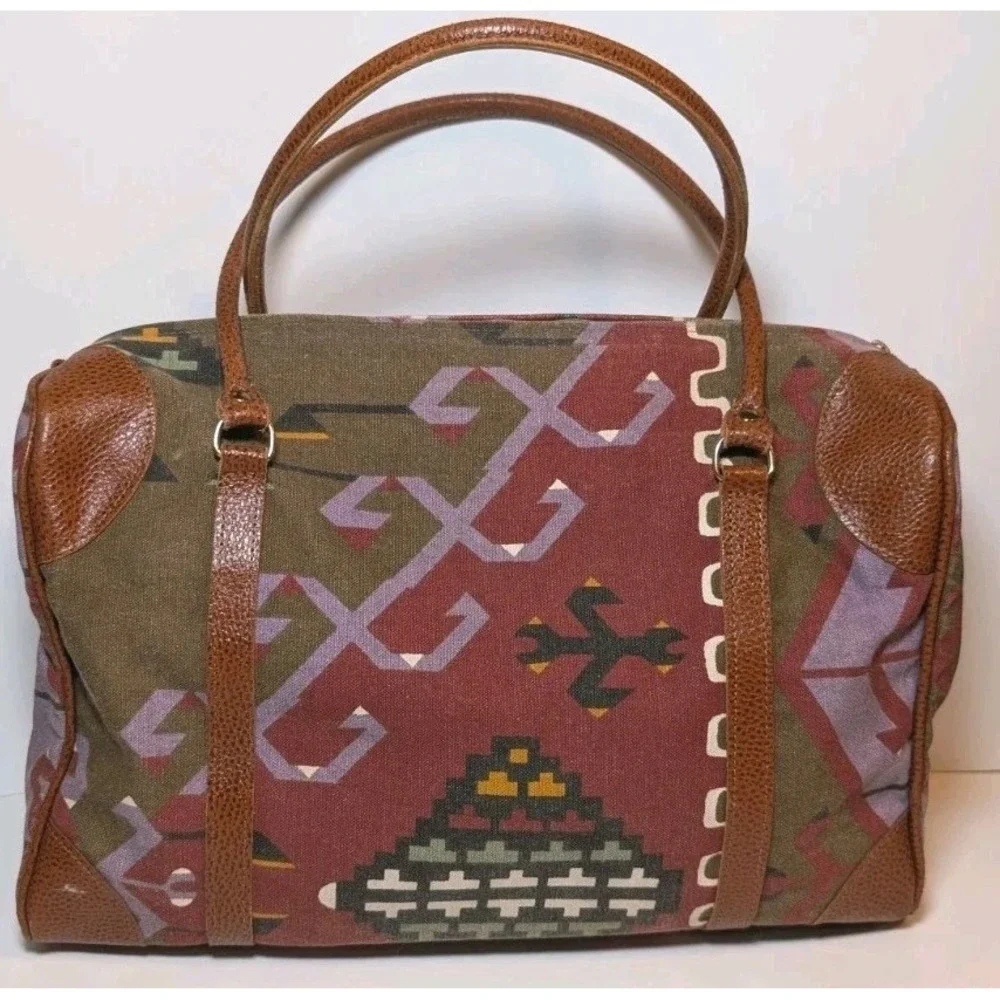 Vintage Sierra Collection Dallas Southwest Weekender Tote Bag Leather Trim 1980s